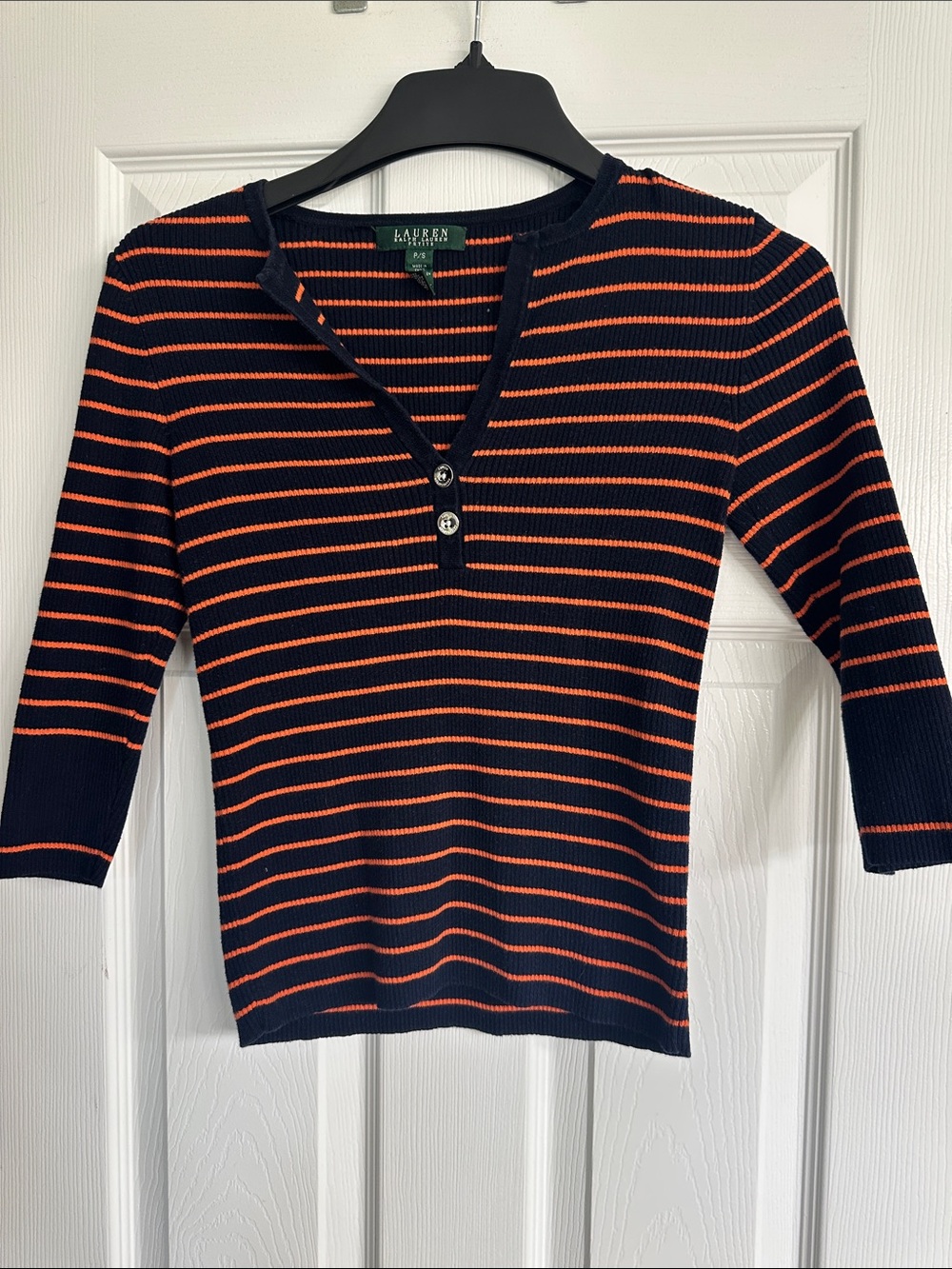 Lauren Ralph Lauren Navy and Orange Striped V-Henley Sweater